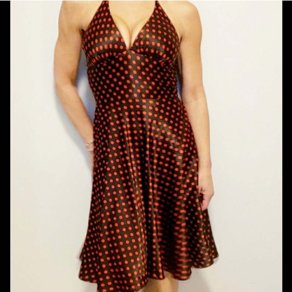 Retro classic halter style  Black/red silky satin halter dress Small